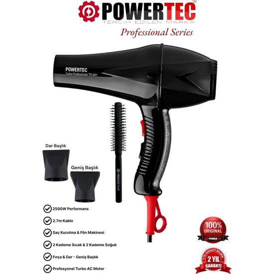 Powertec TR-901 Turbo Profesyonel Fön Makinası + Berber Fön Fırçası