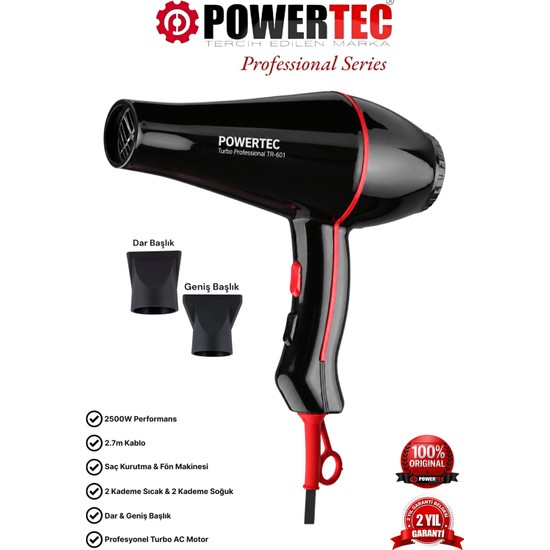 Powertec TR-601 Turbo Profesyonel Fön Makinesi 2500w Güç 2 Kademe Hız Ayarı ile Etkili Kurutma