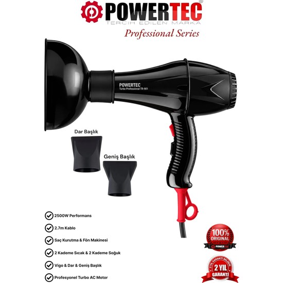 Powertec TR-901 Profesyonel 2500W Saç Kurutma & Fön Makinesi ve Difüzör Hacimlendirici Başlık