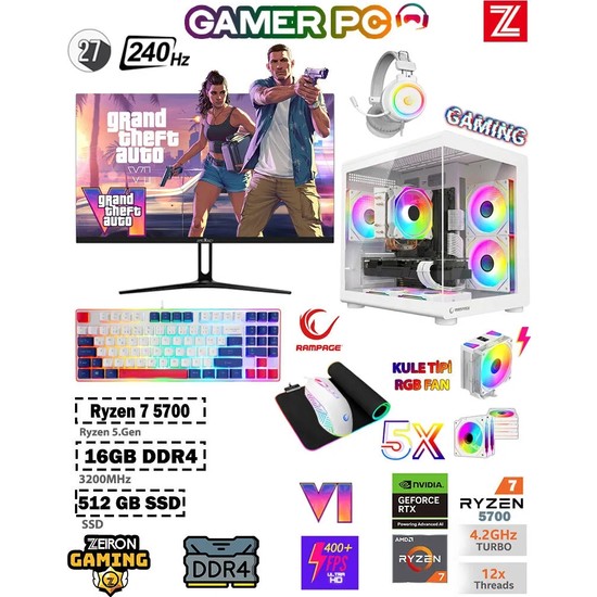Zeiron Damage X20 Ryzen 7 5700 16GB DDR4 RAM 512GB SSD⚡RTX3050⚡27" 240Hz Kule Tipi Fan Beyaz Oyuncu Masaüstü Bilgisayar