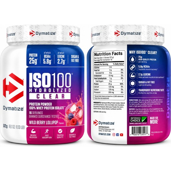 Dymatize Iso 100 Hydrolyzed Izole Clear Protein 512 gr - Wild Berry Lollipop Flavour