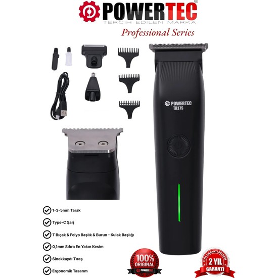 Powertec TR-375 3in1 Erkek Tıraş ve Bakım Seti Kablosuz Siyah Hızlı Şarjlı Kulak Burun Aparatlı