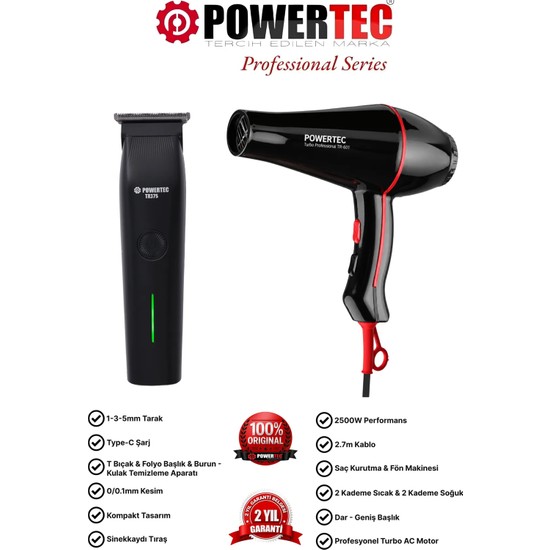 Powertec TR-601 Fön Makinesi + TR-375 Erkek Bakım Kiti (Hediye Paketli Çeyiz Seti)