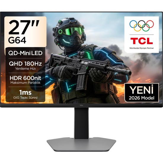 TCL 27G64 Gaming Monitörü 27" 1ms 180Hz Qhd 2k Qd-Mini LED Oyuncu Monitörü (Hdmı+Dp, Fast-Hva Panel, Hdr 600, Freesync) (TCL Türkiye Garantili)