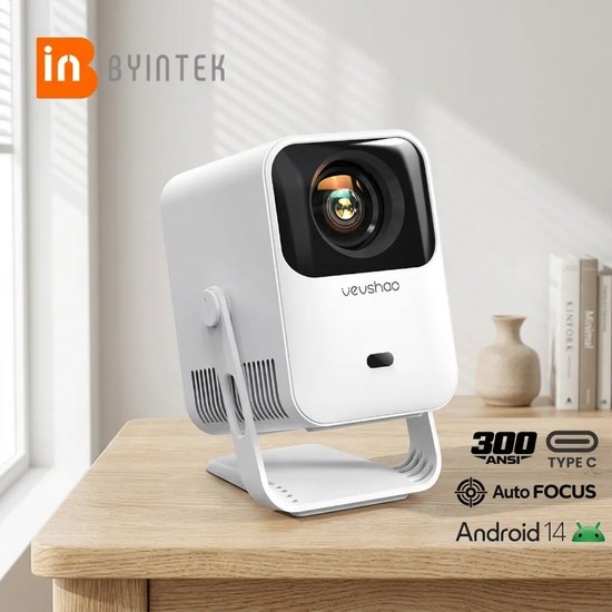 BYINTEK Vevshao A15 Projeksiyon Cihazı, Full HD Destekli, Android 14, 300 ANSI, AutoFocus, Wi-Fi 6, Type-C, Bluetooth 5.4, 100° Döndürülebilir Stand