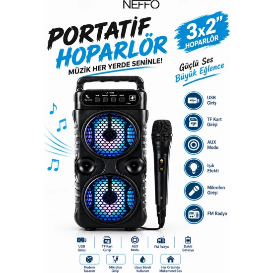 Neffo Rgb Işıklı Mikrofonlu Outdoor Parti Hoparlörü Bluetooth Hoparlör 3x2'' Kablosuz Speaker