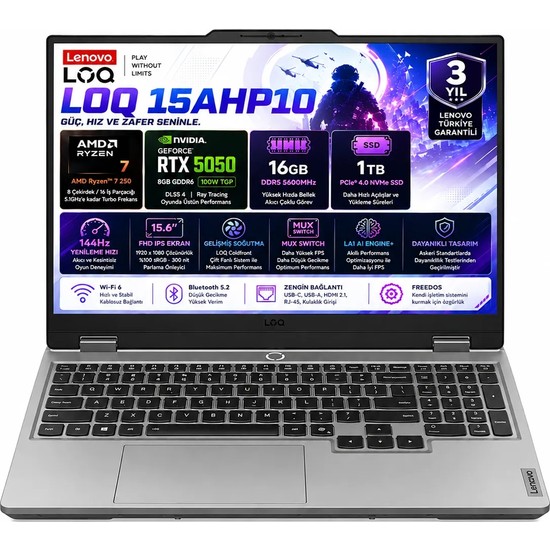 Lenovo LOQ 15AHP10 AMD Ryzen 7-250 16GB DDR5 1TB SSD RTX 5050 8GB 100W 15.6 Inç Full HD 144Hz IPS Freedos Gaming Laptop (83JG00BMTR)