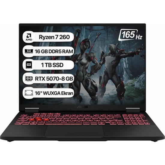 Asus Tuf Gaming A16 FA608UP-RV199 Amd Ryzen 7 260 16GB 1tb SSD RTX5070-8GB 115W Freedos 16" Wuxga 165Hz Taşınabilir Bilgisayar