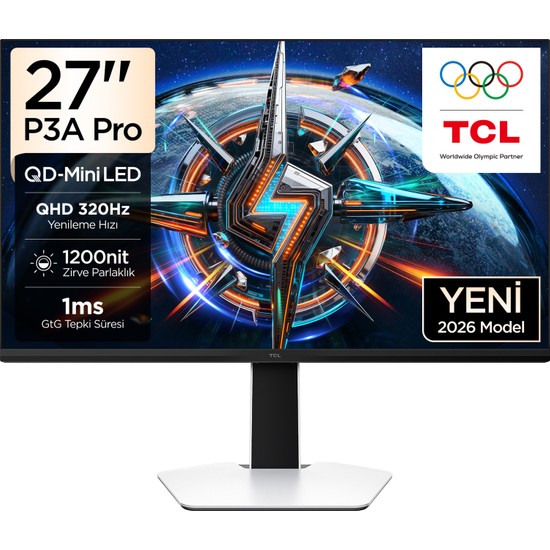 TCL 27P3A Pro Gaming Monitörü 27" 1ms 320Hz Qhd 2k Qd-Mini LED Fps Oyuncu Monitörü (Hdmı+Dp, 1196 Bölge Lokal Karartma, Xdr 1200 Nits, Freesync Premium Pro & G-Sync Compatible) (TCL Türkiye Garantili)