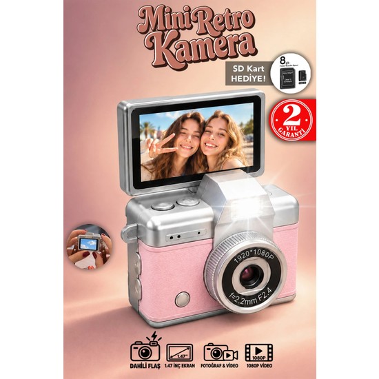 Mimtec Mini Retro Dijital Kamera - Flaşlı Katlanabilir Ekran 1080P Hd Video Selfie Vlog Kamerası Pembe