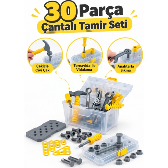 Giffy Oyuncak 30 Parça Çantalı Oyuncak Tamir Seti Çekiç Tornavida Pense Anahtar Testere Vidalama Çivi Çakma Vidalama Oyunu Çocuk Alet Seti