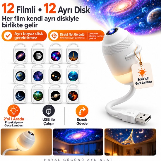 Ayers Premium 12 Film 12 Diskli 2’si 1 Arada USB Galaksi Projeksiyon Projektör ve Sıcak Işık Gece Lambası, Direkt Net Görüntü, USB Girişli Esnek Gövdeli Yıldız Projektörü, Paris Eyfel Kulesi ve Uzay Temalı