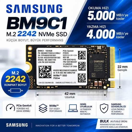 Samsung BM9C1 1tb M.2 2242 Nvme Pcıe GEN4X4 SSD MZAMX1T0HCLD-00BL2 Bulk