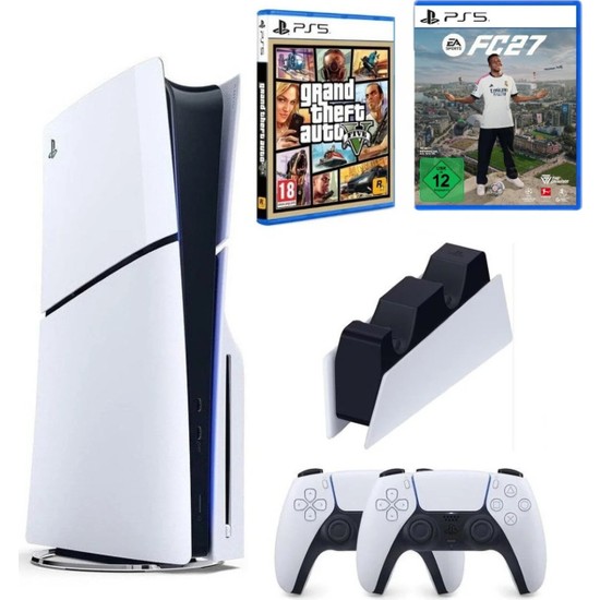 Sony Playstation 5 Slim Cdli + 2.kol Dualsense + Şarj Istasyonu + Gta 5 + Ps5 FC27 (Ithalatçı Garantili)