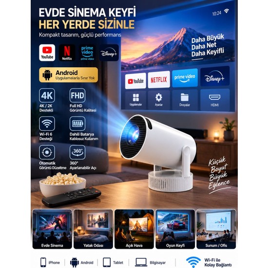Azurtech Taşınabilir Android Mini  Sarjlı Projeksiyon Cihazı 4K Destekli Full Hd Wi-Fi 6 Otomatik Düzeltme
