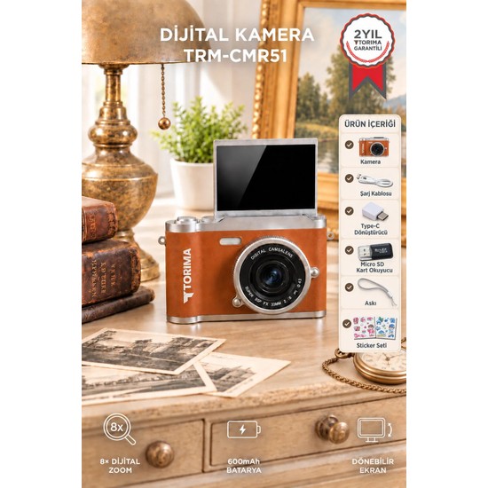 Torima Mini Dijital Retro Kamera 48MP 8x Zoom Flip Ekranlı Selfie Video Vlog Kamerası CMR51 Kahverengi