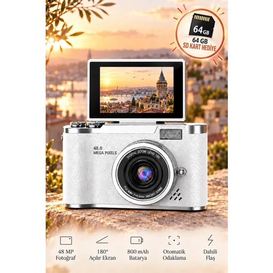 Seyutech Dijital Fotoğraf Makinesi 48MP Flip Ekranlı 8x Zoom Flaşlı 64GB Sd Kart Hediyeli Selfie Video Vlog Kamerası