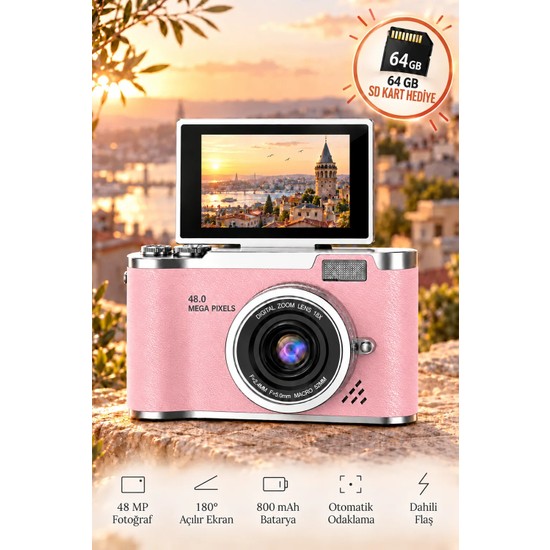 Seyutech 4K Dijital Fotoğraf Makinesi 48MP Flip Ekranlı 8x Zoom Flaşlı 64GB Sd Kart Hediyeli Selfie Video Vlog Kamerası