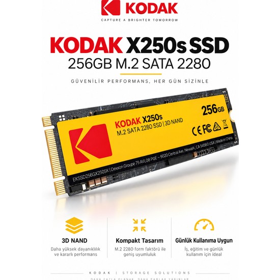 Kodak X250S 256GB M.2 Sata 2280 SSD 520 Mb/s Okuma 500 Mb/s Yazma Hızlı SSD