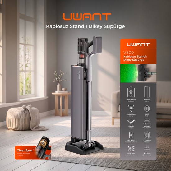 Uwant V800 40.000PA Kasırga Emiş Gücü Kendisini Temizleyebilen Şarjlı, Standlı Dikey Süpürge