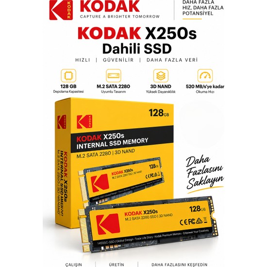 Kodak X250S 128GB M.2 Sata 2280 SSD 520 Mb/s Okuma 500 Mb/s Yazma Hızlı SSD