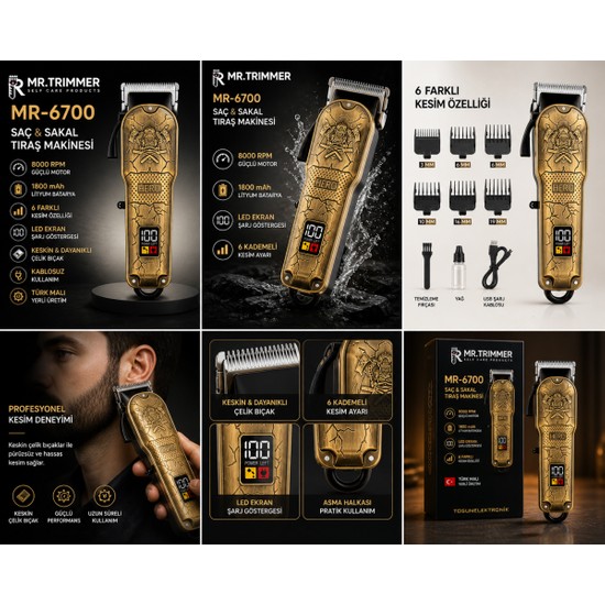 NEVVALİFE Mr. Trimmer MR-6700 Detailer Şarj Göstergeli 6 Kademeli 8000 Rpm 1800 Mah Saç Sakal Erkek Bakım Tıraş Makinesi