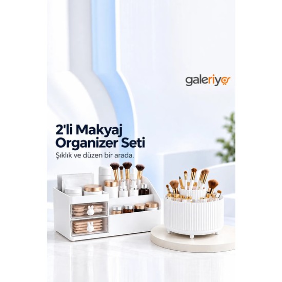 Galeriyo Makyaj Organizeri Çekmeceli Tavşan ve 360 Derece Dönebilen 5 Bölmeli Ikili Set
