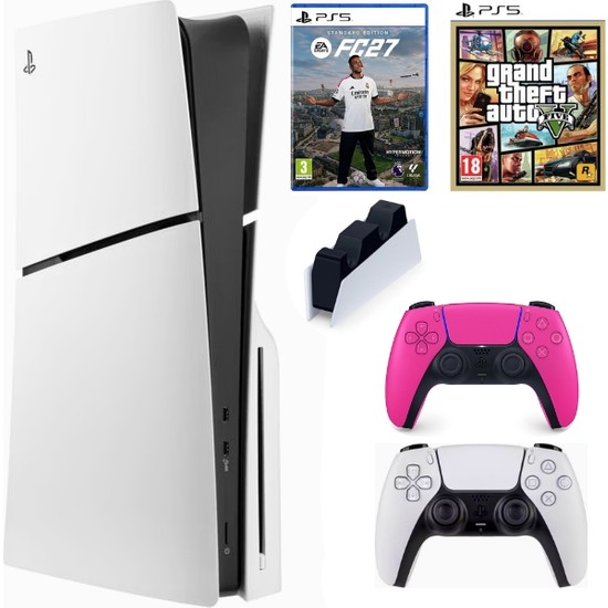 Sony Playstation 5 Slim CD En Yeni Versiyon ( Cfı- 2116 )+ 2.kol Dualsense Pembe +Şarj Istasyonu+ Gta 5+FC27 (Ithalatçı Garantili)