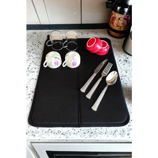 Store Bulaşık Kurutma Matı, Bulaşık Kurutma Örtüsü, Kaymaz Taban Emici Bulaşıklık, Katlanır Bulaşık Matı (49X40CM) Siyah