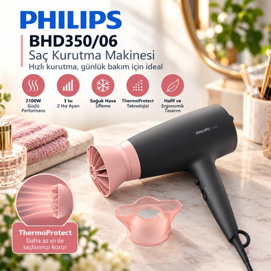 Philips 3000 Serisi Saç Kurutma Makinesi, 2100W, 6 Isı & Hız Ayarı, Thermoprotect Aparatı, BHD350/06