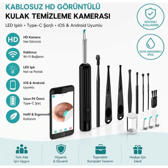Zenviaa Siyah Kablosuz Hd Görüntülü Kulak Temizleme Kamerası, LED Işıklı Type-C Şarjlı Ios