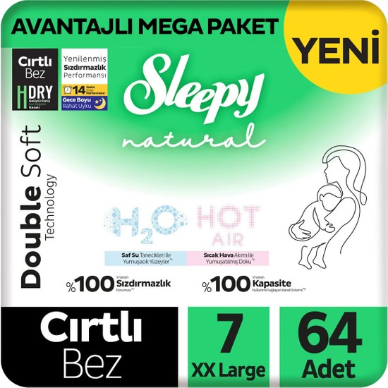 Sleepy Natural Double Soft Avantajlı Mega Paket Bebek Bezi 7 Numara Xxlarge 64 Adet