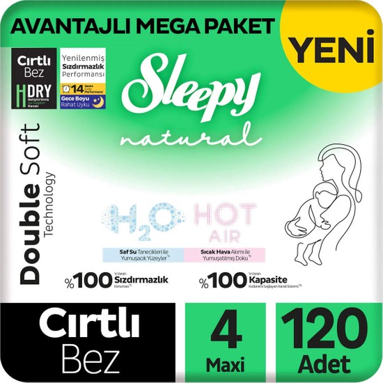 Sleepy Natural Double Soft Avantajlı Mega Paket Bebek Bezi 4 Numara Maxi 120 Adet