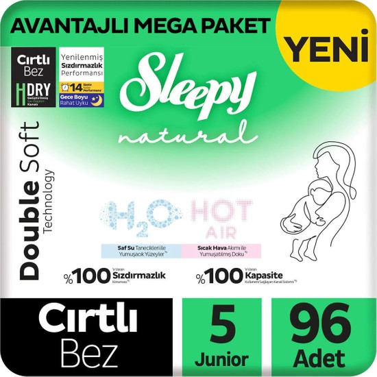 Sleepy Natural Double Soft Avantajlı Mega Paket Bebek Bezi 5 Numara Junior 96 Adet