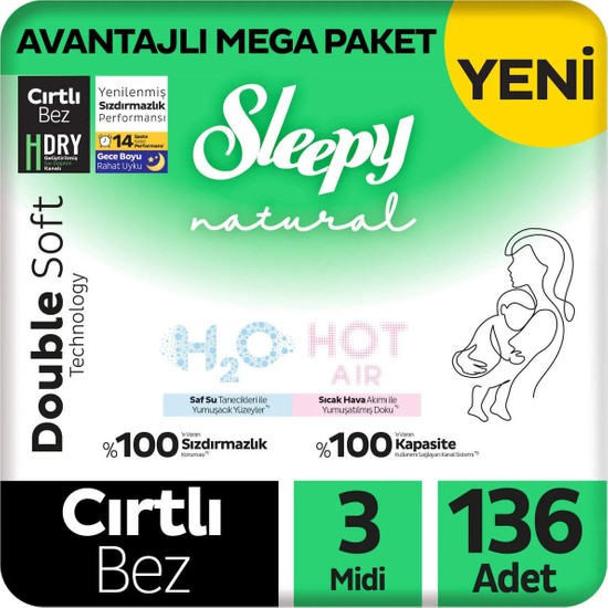 Sleepy Natural Double Soft Avantajlı Mega Paket Bebek Bezi 3 Numara Midi 136 Adet