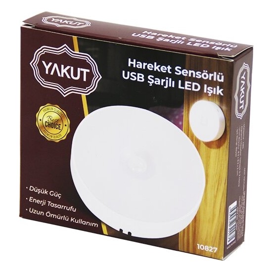 Store Sensörlü USB Şarjlı   Beyaz LED  Yuvarlak Lamba  Çap: 8.3cm - Kalınlık: 2cm - Sensör Algılama =0--3mt