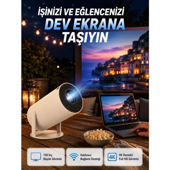 Hace Bazaar Full Hd 4K Destekli Akıllı Projeksiyon – 130 Inç Ekran, Uzun Ömürlü Ampul ve Çoklu Giriş -