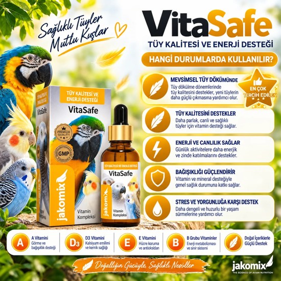 Jakomix VitaSafe 30 ml | Tüy Kalitesi ve Enerji Desteği | Papağan, Muhabbet Kuşu, Kanarya ve Tüm Kafes Kuşları İçin