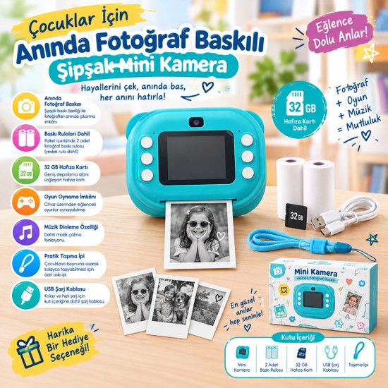 VizyonumVar Concept Çocuklar Için Anında Fotoğraf Baskılı Şipşak Mini Kamera - 32 GB Hafıza Kartlı, Müzikli, Oyunlu ve Taşıma Ipli Fotoğraf Makinesi