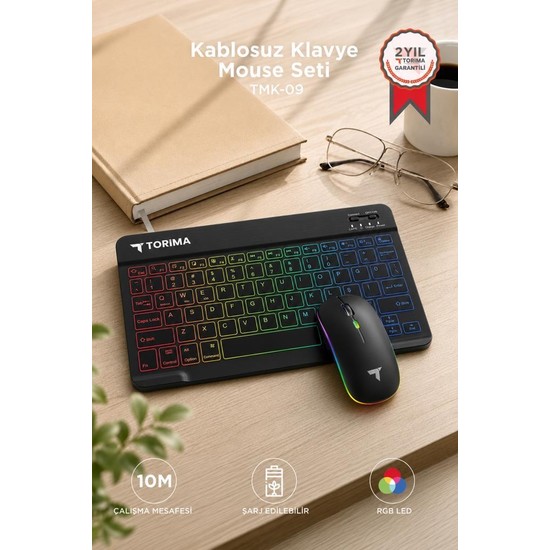 Torima Kablosuz Klavye Mouse Seti Rgb Işıklı Şarj Edilebilir TMK09 Siyah