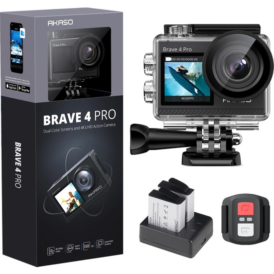 Myg Plus Akaso Brave 4 Pro Aksiyon Kamerası 4K Su Geçirmez Su Altı Kamerası 40 M - Ultra Hd 20MP 170° Geniş Açılı Wifi Spor Kamerası Çift Ekran, Dokunmatik Ekran, 5x Yakınlaştırma ve Montaj Setleri