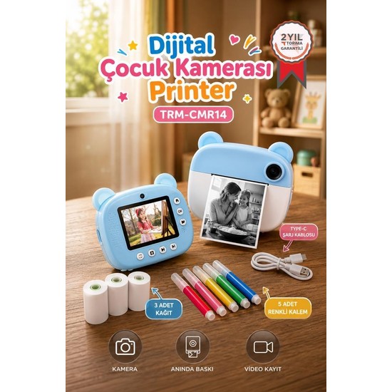Torima Dijital Fotoğraf Makinesi Çocuk Termal Resim Kağıt Baskılı Yazıcı Kamera Makinesi CMR14 Mavi