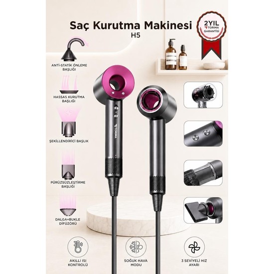 Torima Saç Kurutma Makinesi Güçlü Saç Şekillendirici H5 Pembe