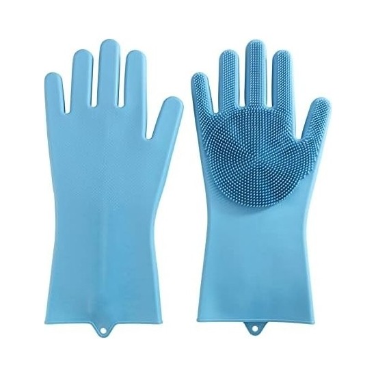 Karok Ticaret Silikon Temizleme Eldiveni Rena, 2'li Set, Çok Fonksiyonlu Bulaşık Eldiveni, Tüm Ev Için, Entegre Temizleme Fırçası, Bulaşık Makinesinde Yıkanabilir, 33 x 1,5 x 15,5 cm Mavi