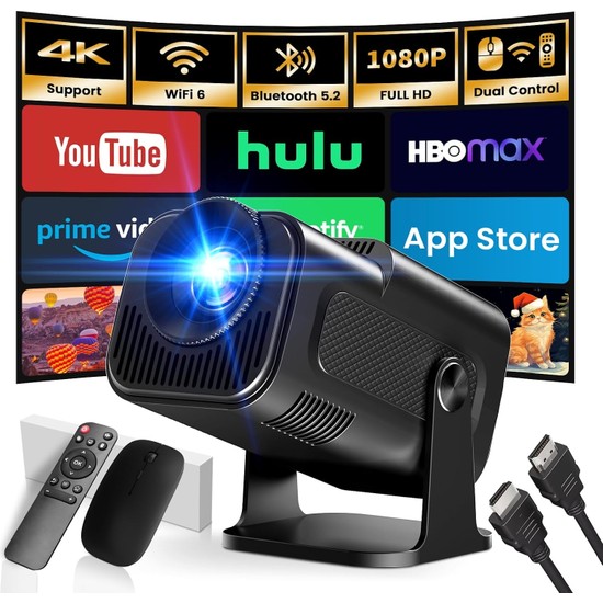 Store Mini Projeksiyon, 4K Fhd 1920X1080P, 180° Döndürülebilir, Taşınabilir, Wifi 6 ve Bt 5.2, Android ve Ios, Fare ve Uzak Kumanda, Siyah