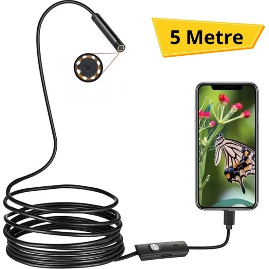 Store 5 Metre Android Telefon Uyumlu 6 LED Işıklı Su Geçirmez Endoskop / Boroskop Yılan Kamera Hd