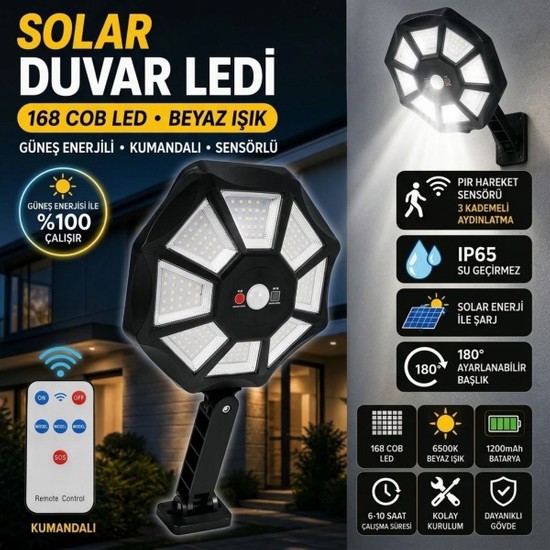 Store 168B Solar LED Büyük Dış Mekân Lambası, Hareket Sensörlü, Kumandalı, 3 Modlu Ultra Parlak Cob Işık, Su Geçirmez Kablosuz Duvar Apliği