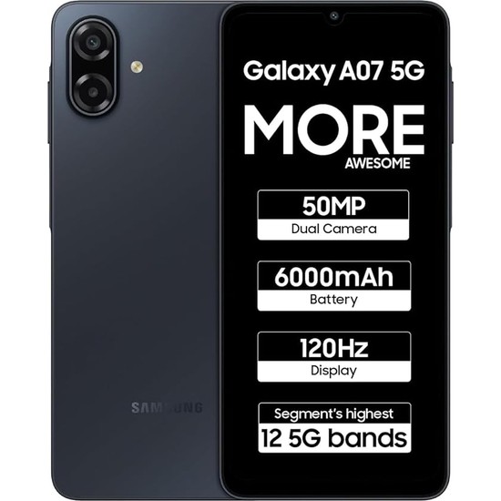 Galaxy A07 5g (Siyah, 4gb Ram, 128GB Depolama) | 6,7 Inç Hd+ 120Hz Ekran | Mediatek Dimensity 6300 | 50MP + 2mp Arka Kamera | 6000 Mah Pil
