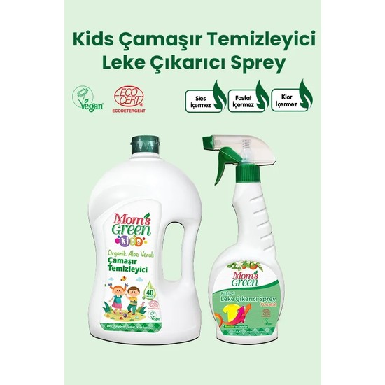 2'li Set Mom's Green 1500 ml Çocuk Çamaşır Temizleyici (40 Yıkama) ve Bitkisel Leke Çıkarıcı 750 ml