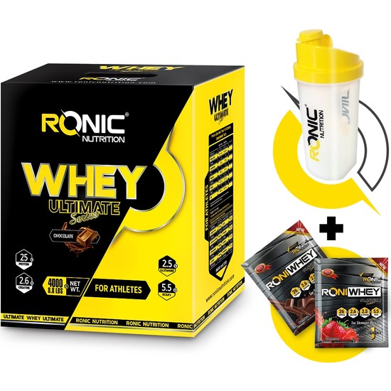 Ronic Nutrition Whey Ultimate Protein Tozu 4000 gr Çikolata Aromalı + Shaker ve 2 Tek Kullanımlık Whey